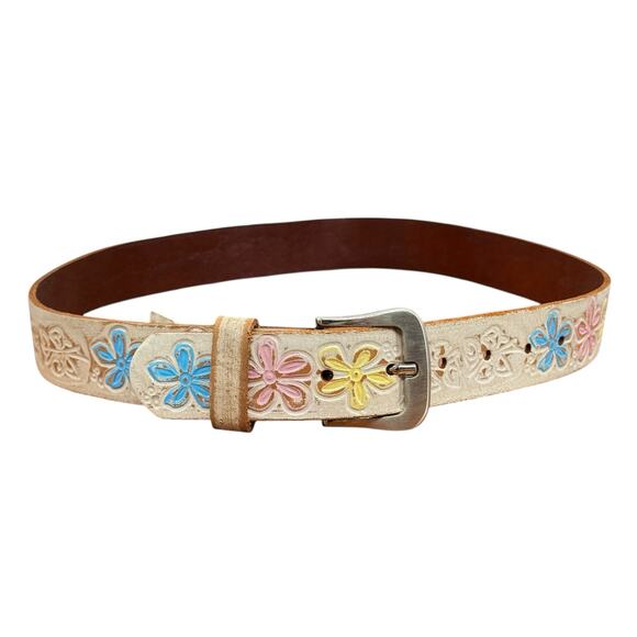 Toscana Tooled Leather Belt SZ 33 Floral Womens White Pastel Boho Western Hippie - Picture 2 of 12